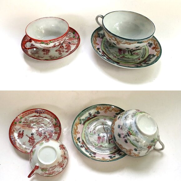 Antique Eggshell Thin Porcelain Hand-painted Geisha Japan 2 Cups with Saucers - Picture 1 of 16